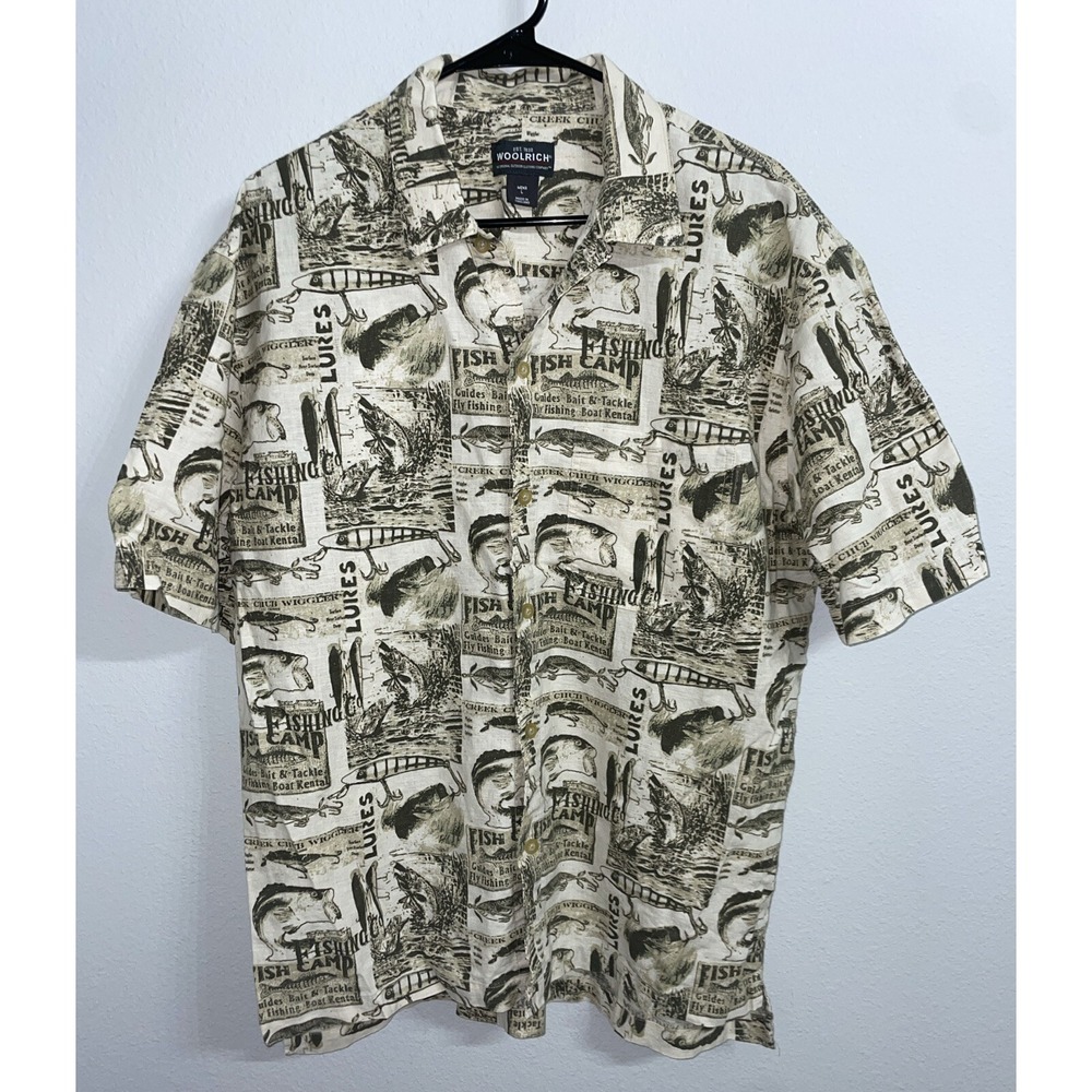 VTG Woolrich Button‎ Up Shirt Men's Large Short Sleeve Fish Camp